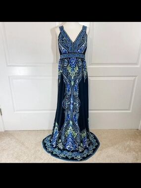 Blue Patterned V-Neck Maxi Dress